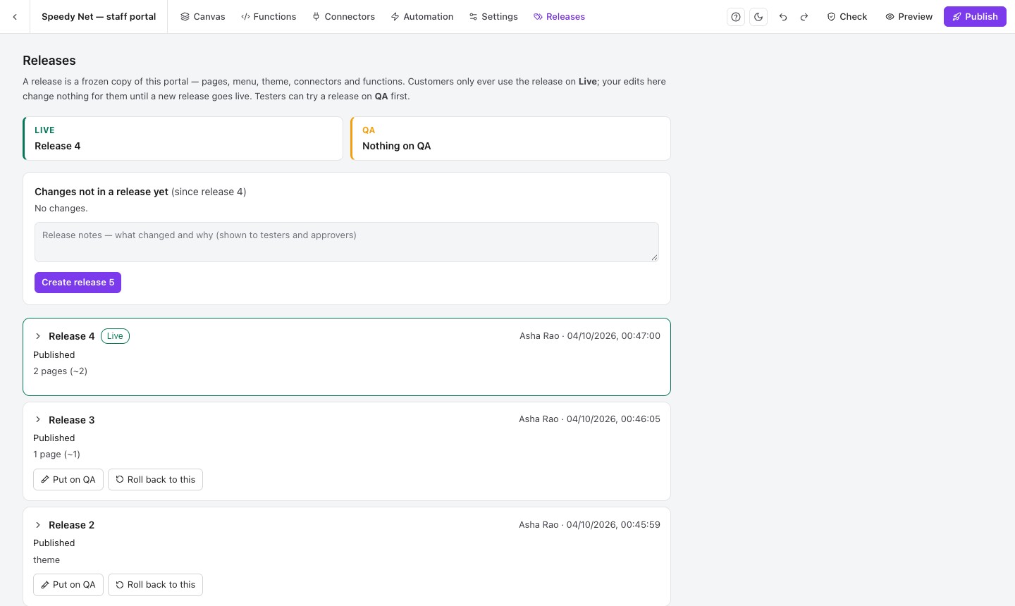 Releases: what is live, what is on QA, and earlier releases you can roll back to